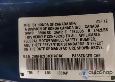 2012 Honda Civic Lx from USA, damaged, VIN 2HGFB2F58CH543181